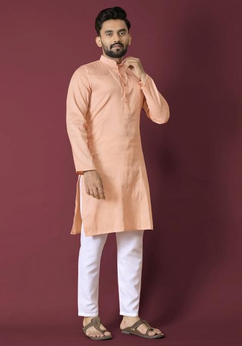 Orange Plain Silk Kurta For Men