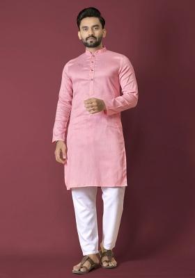 Pink Plain Silk Kurta For Men