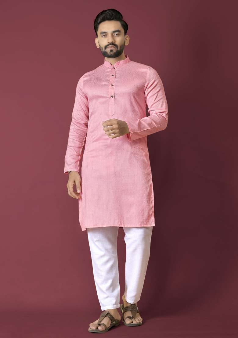 Pink Plain Silk Blend Kurta For Men - Indya