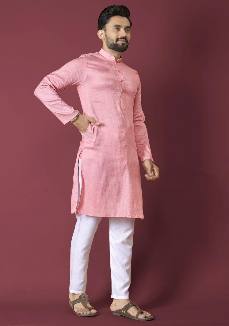 Pink Plain Silk Kurta For Men - Indya