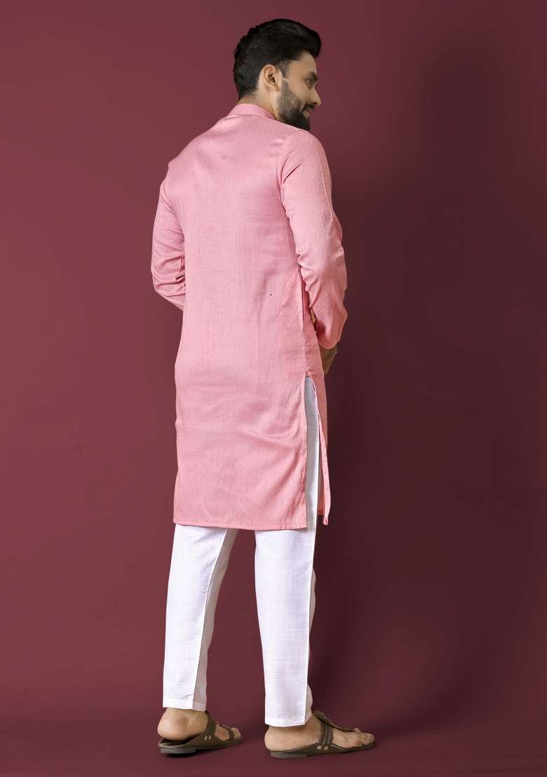 Pink Plain Silk Blend Kurta For Men - Indya