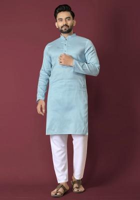 Blue Plain Silk Kurta For Men