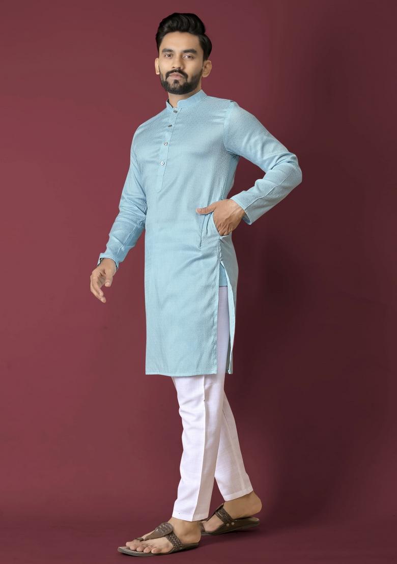 Blue Plain Silk Kurta For Men - Indya