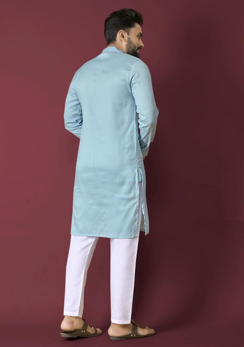 Blue Plain Silk Kurta For Men