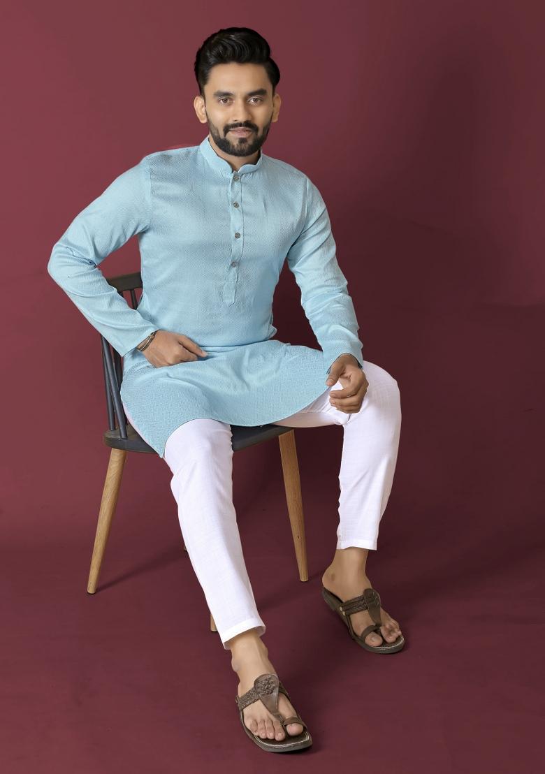 Blue Plain Silk Kurta For Men - Indya