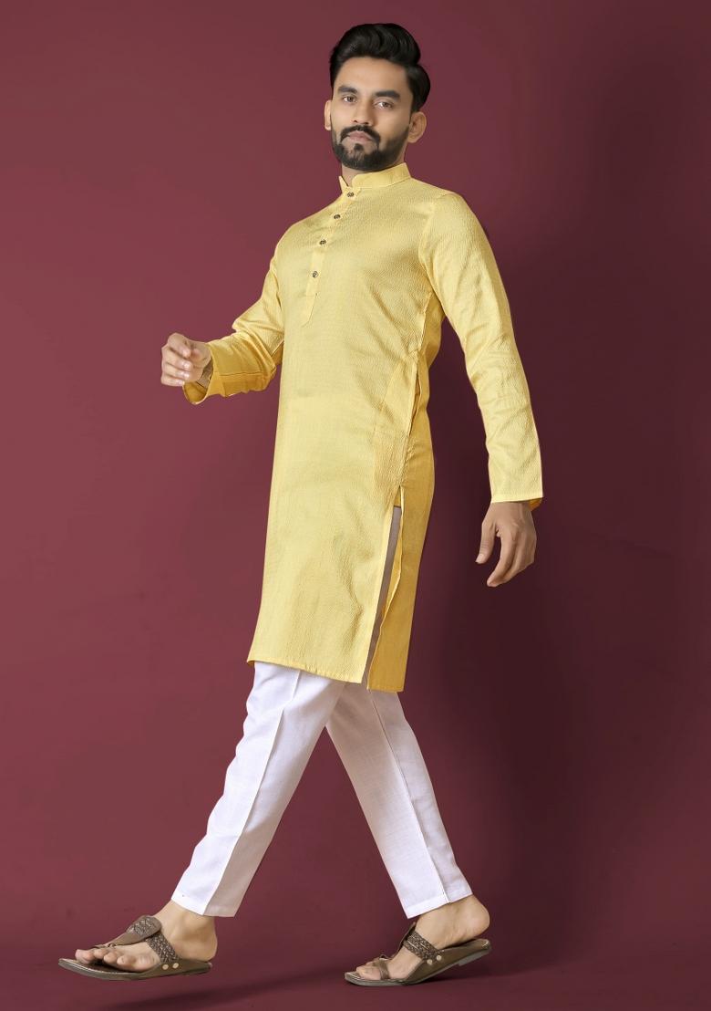 Yellow Plain Silk Kurta For Men - Indya