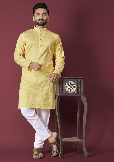 Yellow Plain Silk Kurta For Men — view on Indya