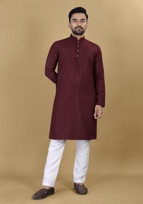 Maroon Embroidered Rayon Kurta For Men