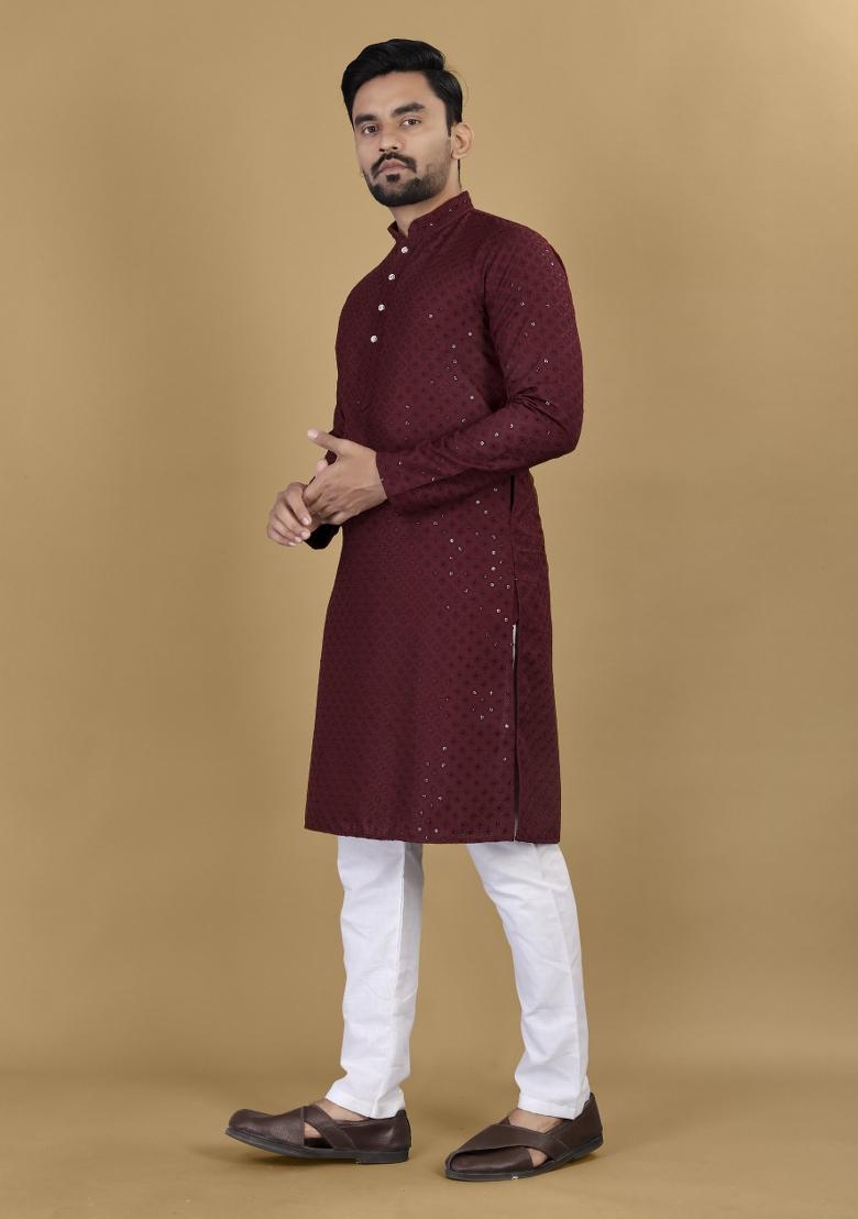 Maroon Embroidered Rayon Kurta For Men - Indya