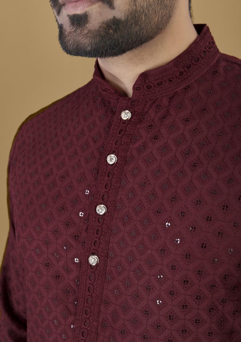 Maroon Embroidered Rayon Kurta For Men - Indya