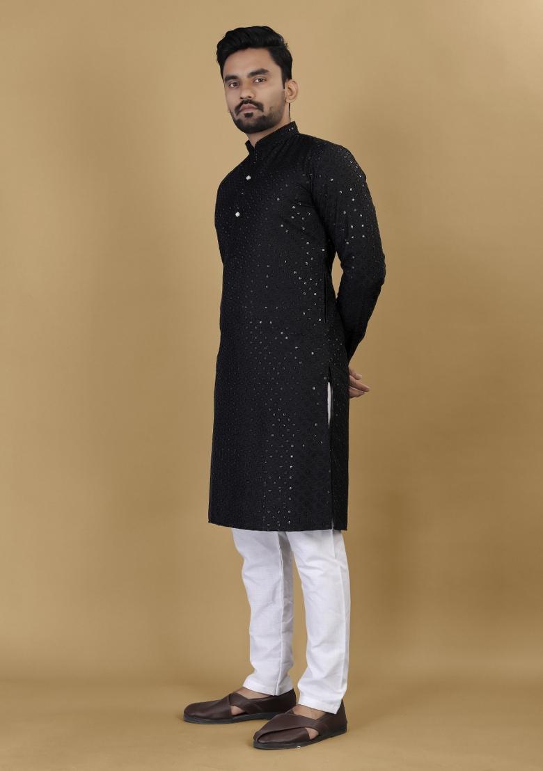 Black Embroidered Rayon Kurta For Men - Indya