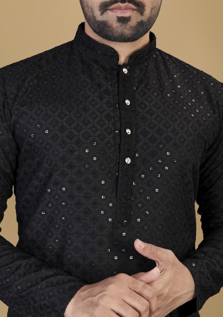 Black Embroidered Rayon Kurta For Men - Indya