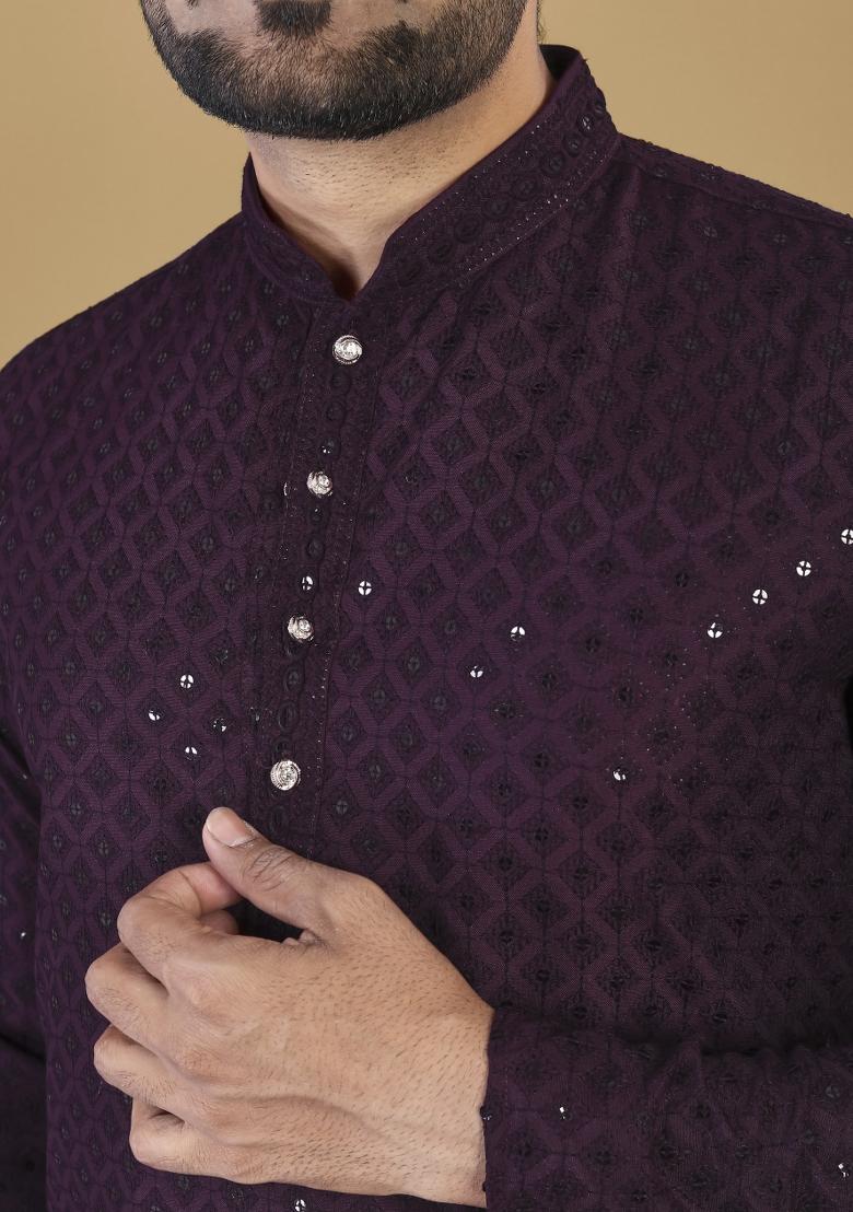 Wine Embroidered Rayon Kurta For Men - Indya