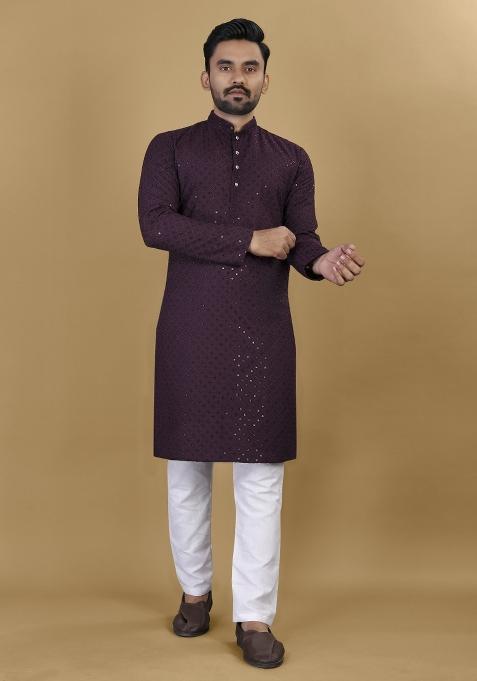 Wine Embroidered Rayon Kurta For Men — view on Indya
