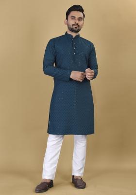 Teal Embroidered Rayon Kurta For Men