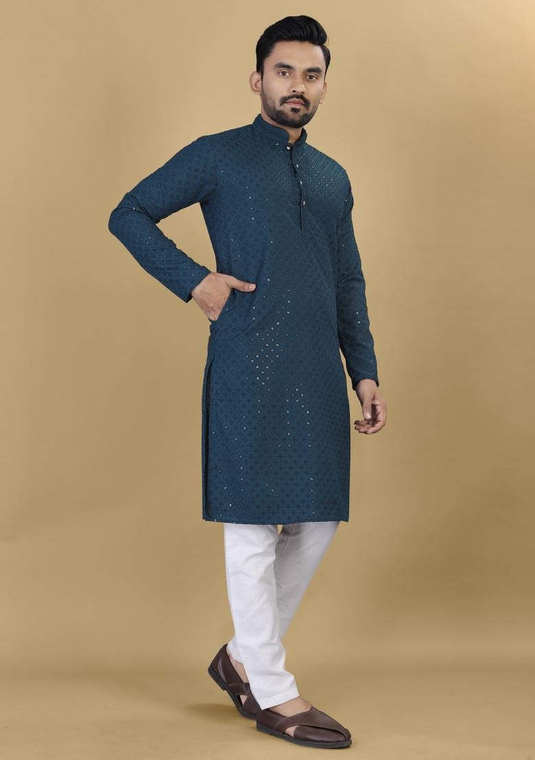 Teal Embroidered Rayon Kurta For Men - Indya