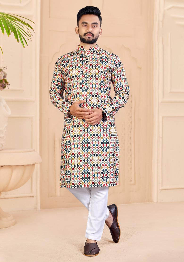Multicolor Printed Cotton Blend Kurta For Men - Indya