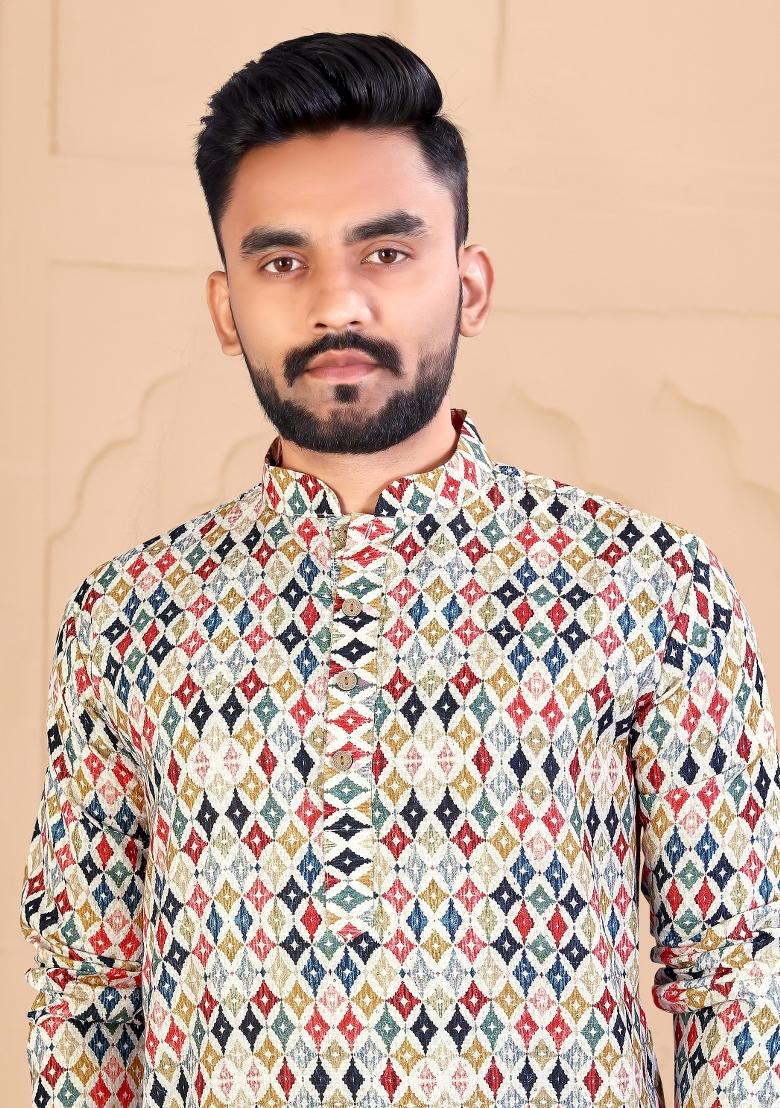 Multicolor Printed Cotton Blend Kurta For Men - Indya