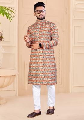 Multicolor Printed Cotton Blend Kurta For Men