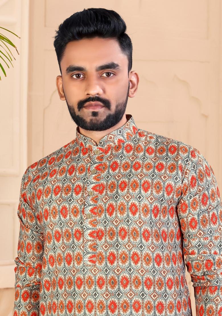 Multicolor Printed Cotton Blend Kurta For Men - Indya