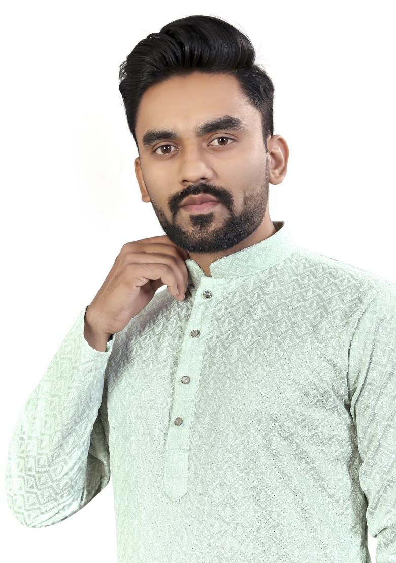 Blue Embroidered Silk Kurta For Men