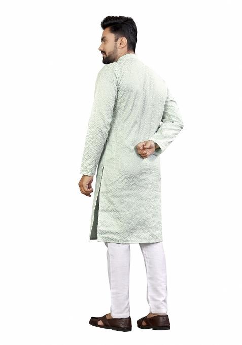 Blue Embroidered Silk Kurta For Men