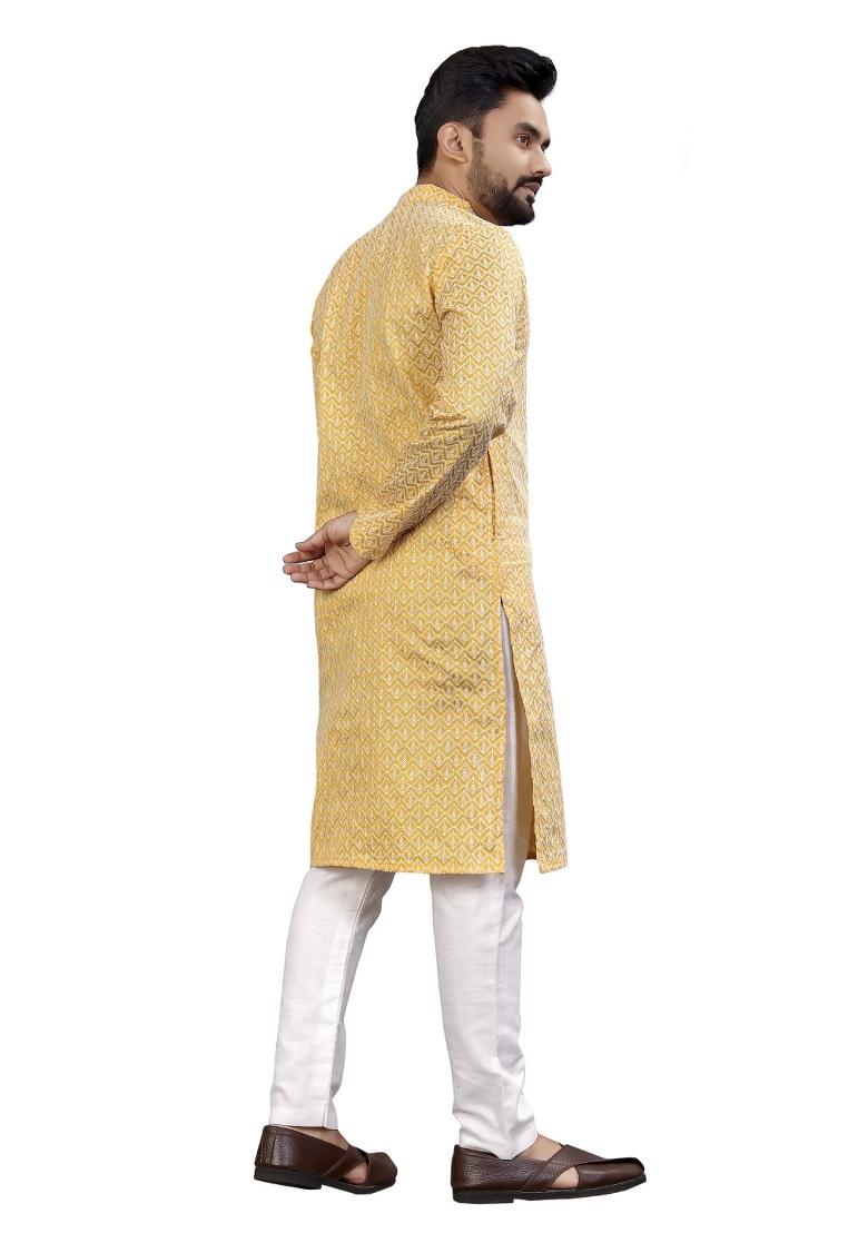 Yellow Embroidered Silk Kurta For Men - Indya