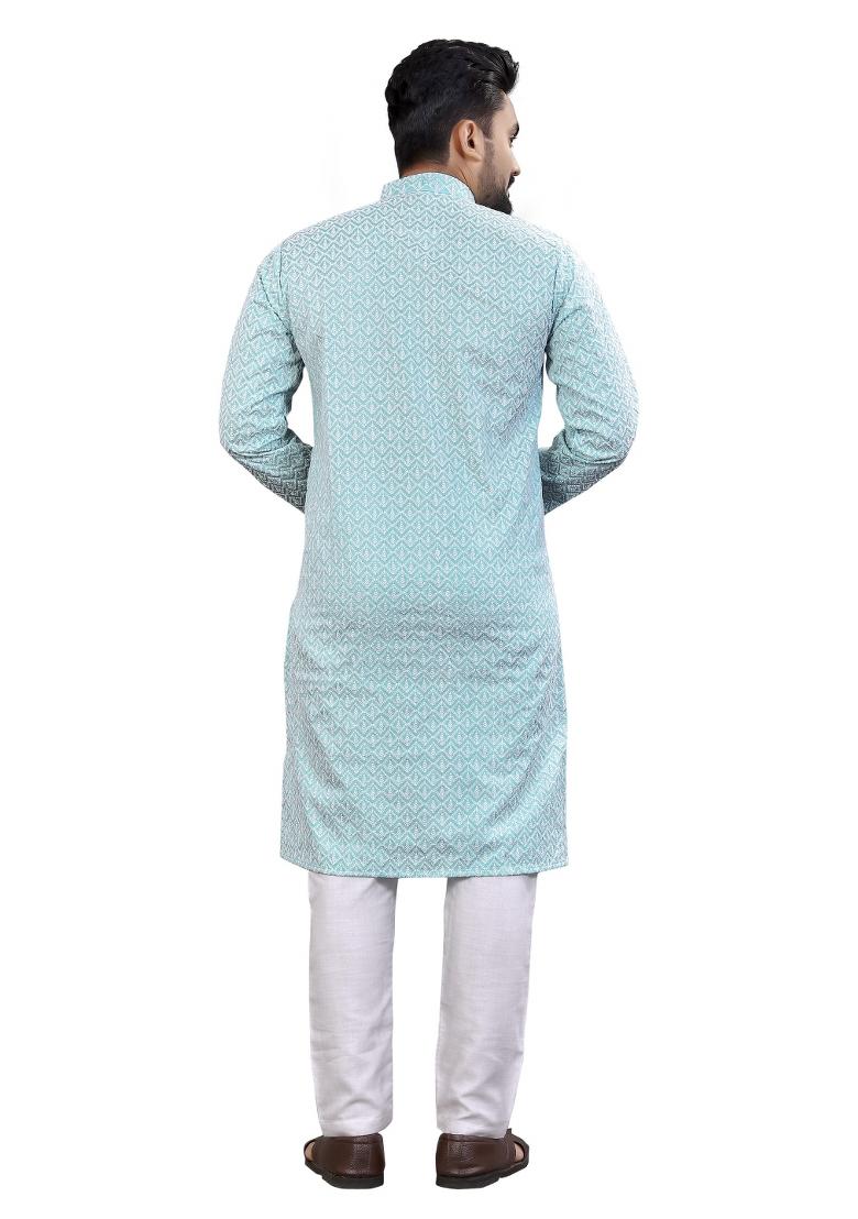 Blue Embroidered Silk Kurta For Men - Indya