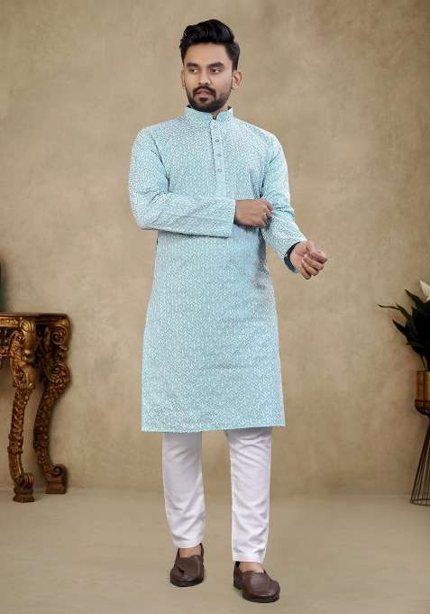 Blue Embroidered Silk Kurta For Men