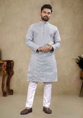 Grey Embroidered Silk Kurta For Men
