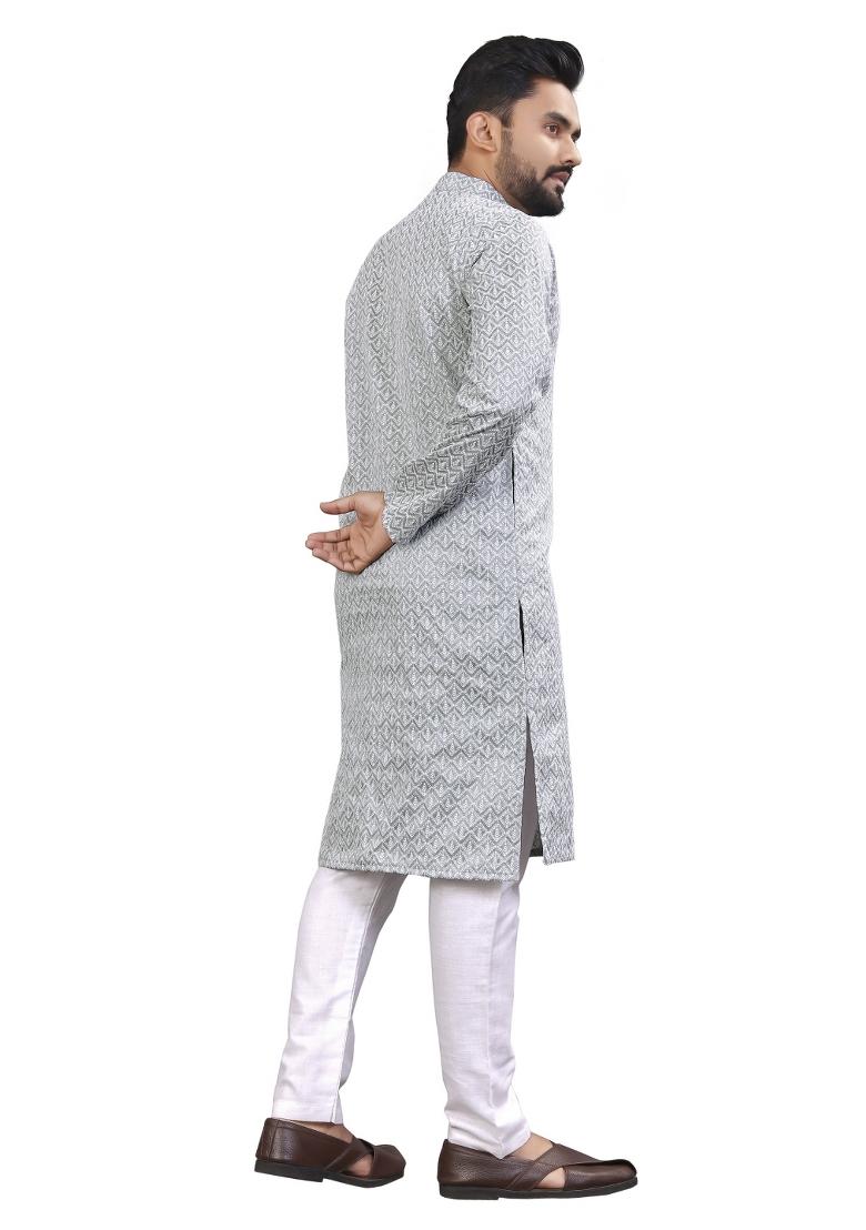Grey Embroidered Silk Kurta For Men - Indya