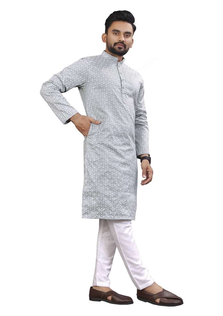 Grey Embroidered Silk Kurta For Men - Indya