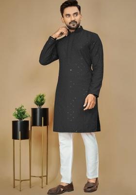 Black Embroidered Rayon Kurta For Men