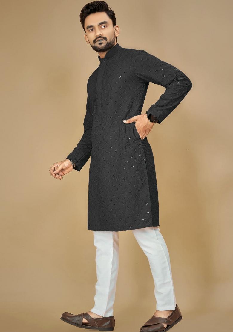 Black Embroidered Rayon Kurta For Men - Indya