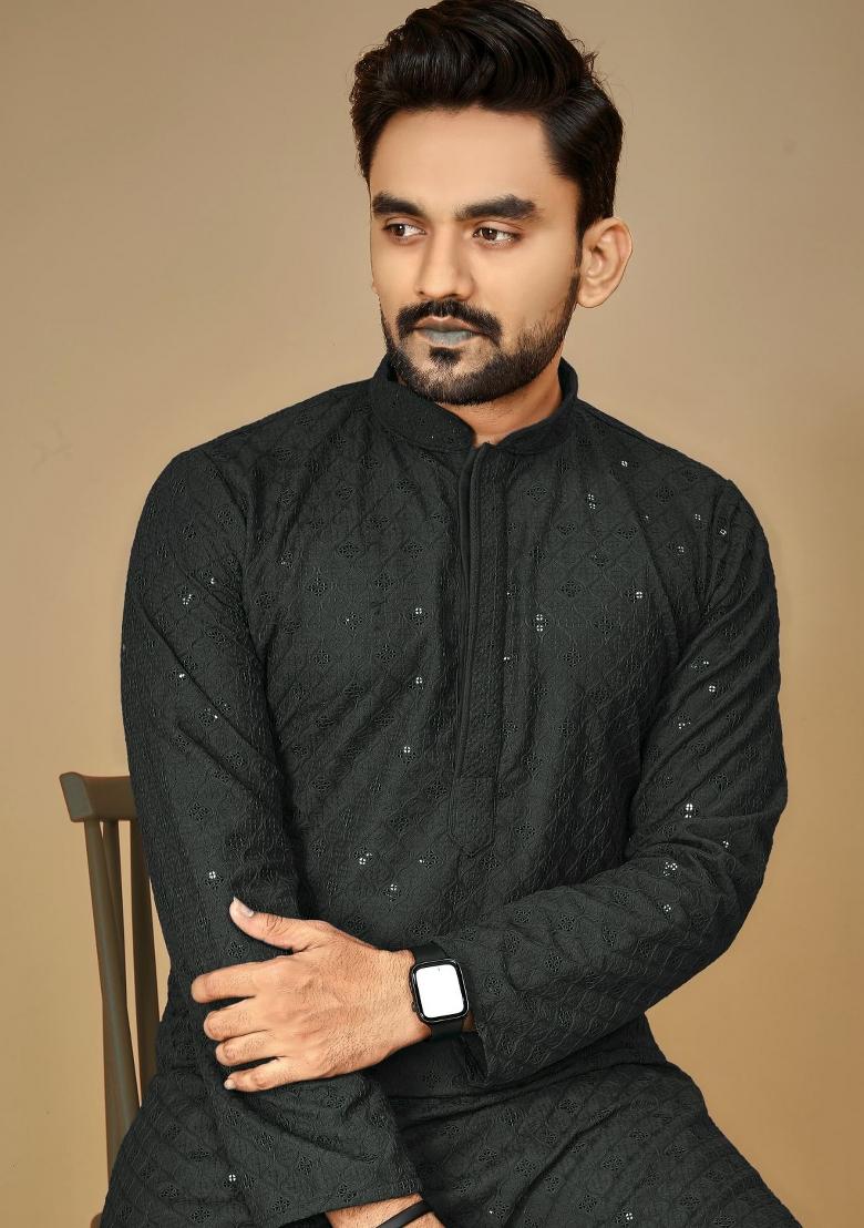 Black Embroidered Rayon Kurta For Men - Indya