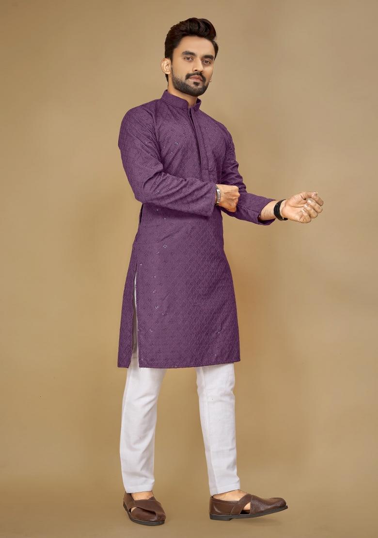 Purple Embroidered Rayon Kurta For Men - Indya