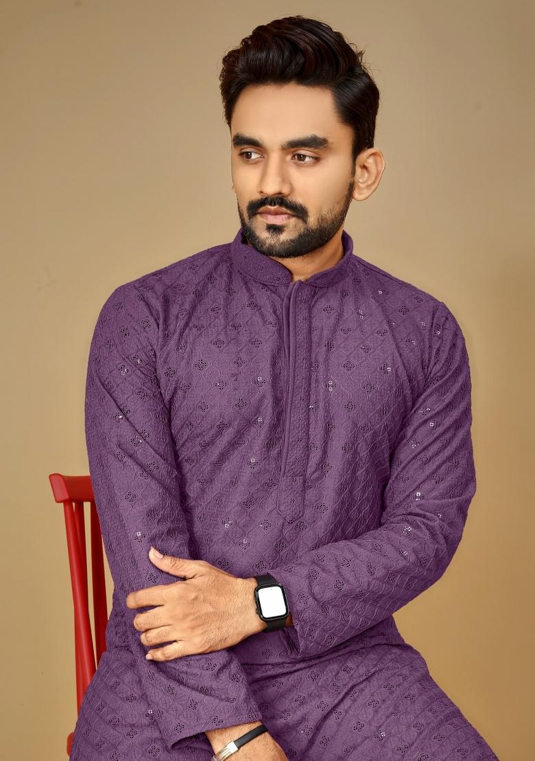 Purple Embroidered Rayon Kurta For Men - Indya