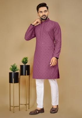 Purple Embroidered Rayon Kurta For Men