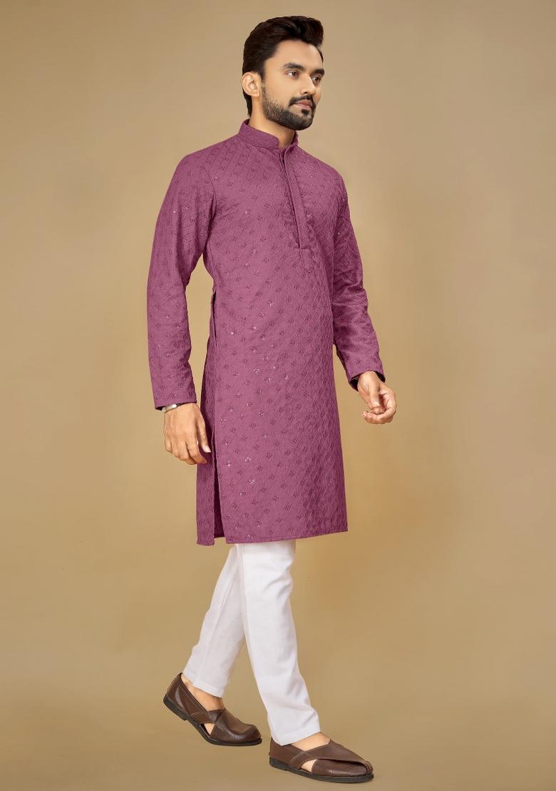 Purple Embroidered Rayon Kurta For Men - Indya