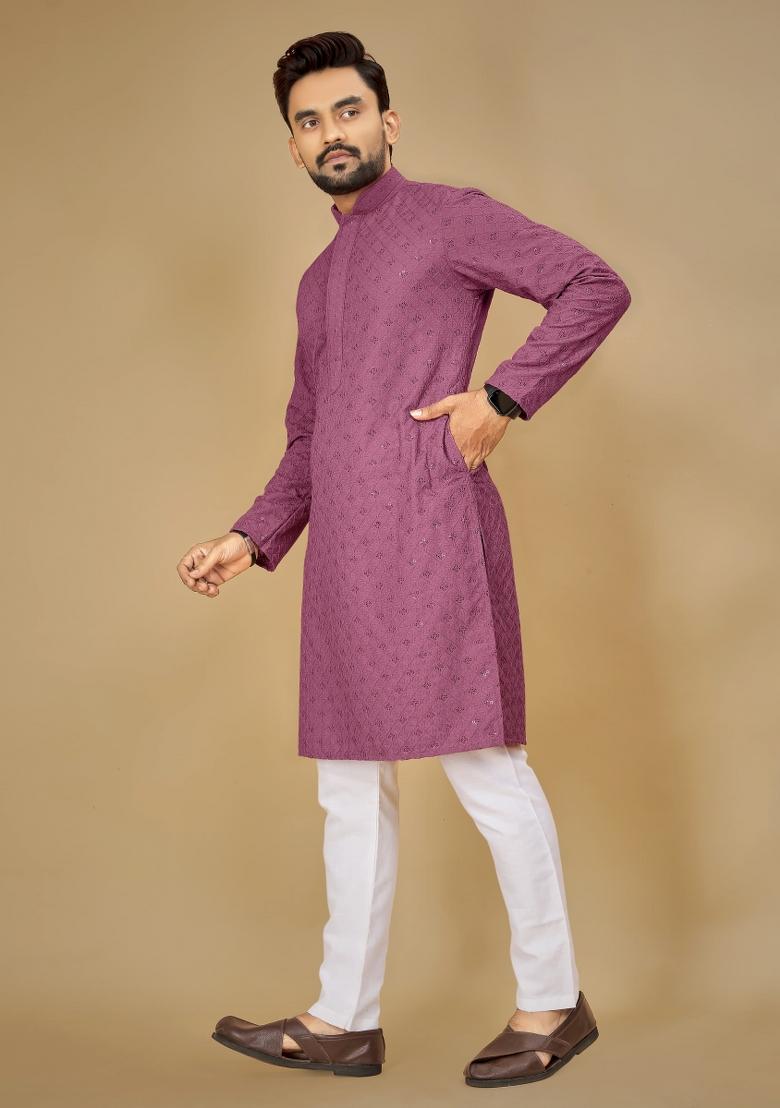 Purple Embroidered Rayon Kurta For Men - Indya