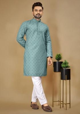 Purple Embroidered Rayon Kurta For Men