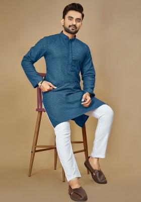 Blue Embroidered Rayon Kurta For Men