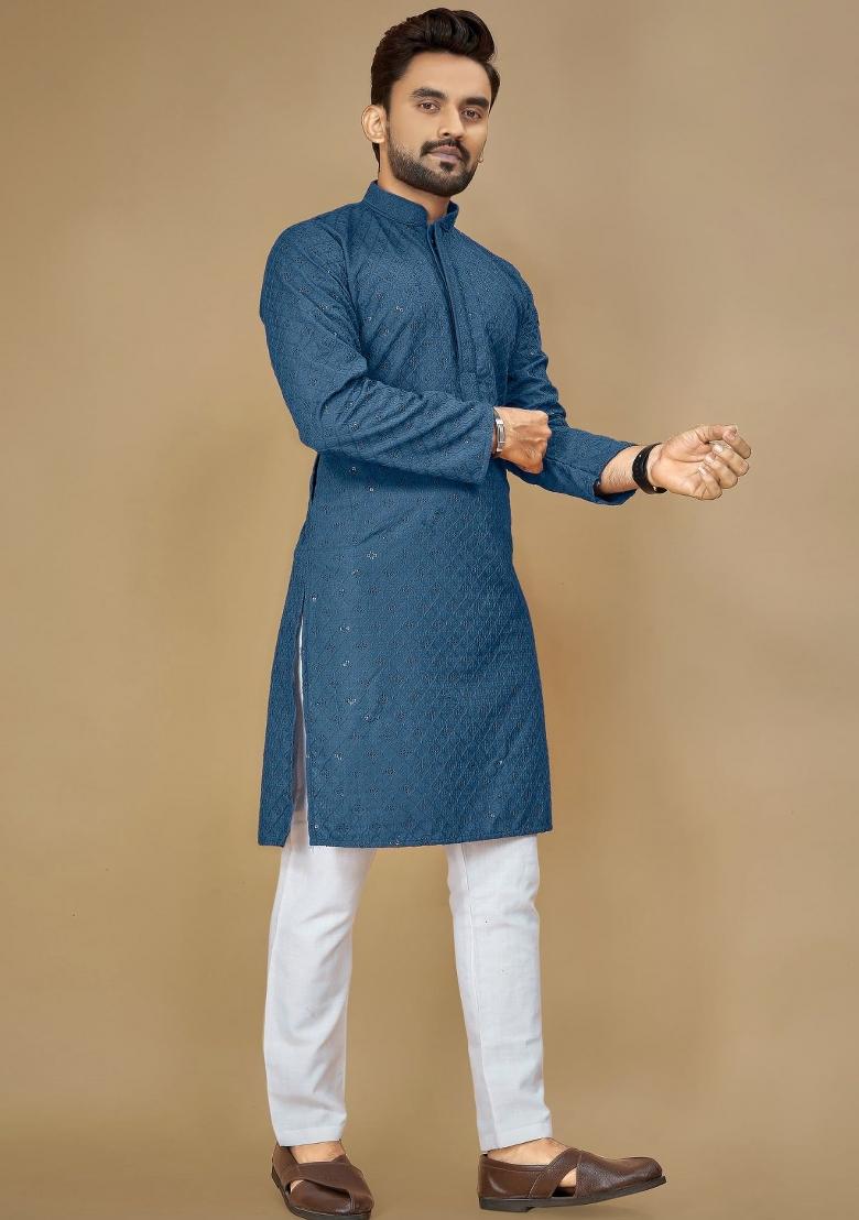 Blue Embroidered Rayon Kurta For Men - Indya