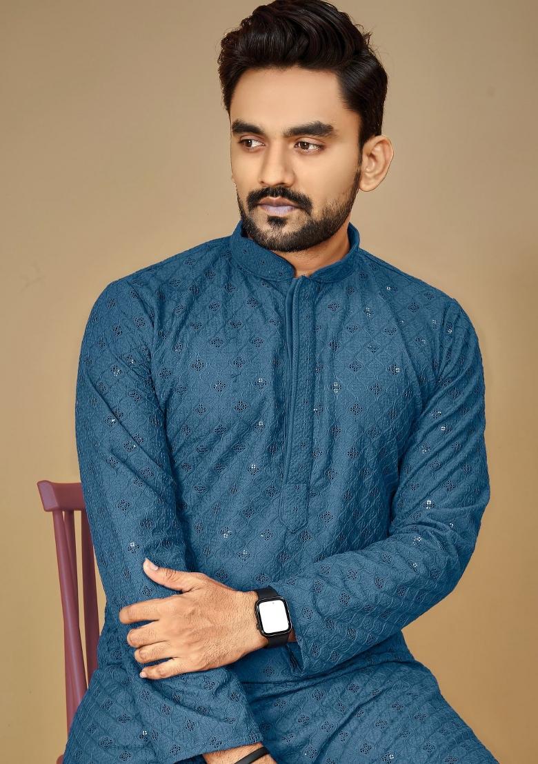 Blue Embroidered Rayon Kurta For Men - Indya