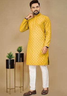 Yellow Embroidered Rayon Kurta For Men