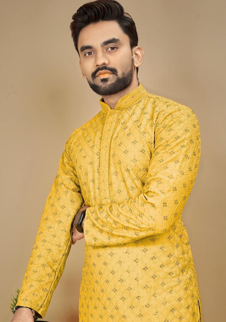 Yellow Embroidered Rayon Kurta For Men - Indya