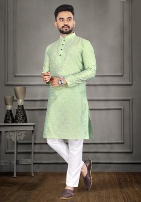 Green Zari Cotton Blend Kurta For Men