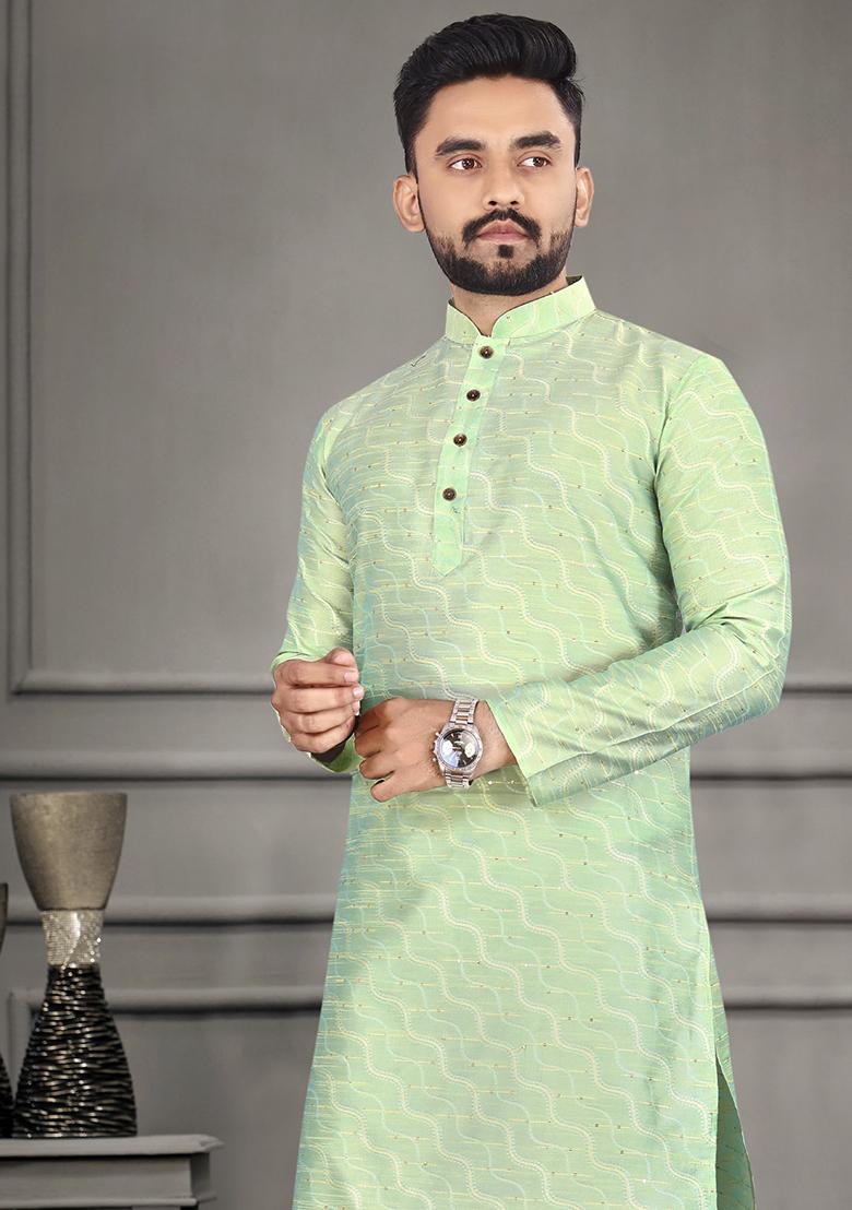 Green Zari Cotton Blend Kurta For Men - Indya