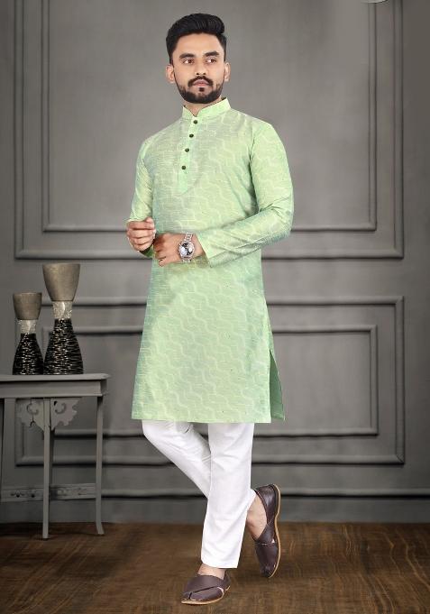Green Zari Cotton Blend Kurta For Men