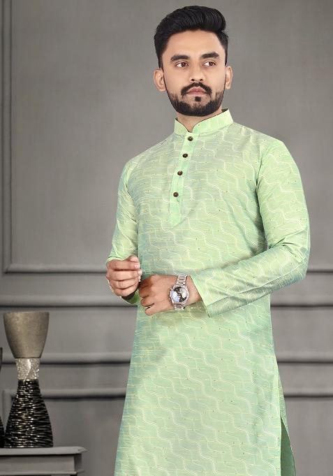 Green Zari Cotton Blend Kurta For Men